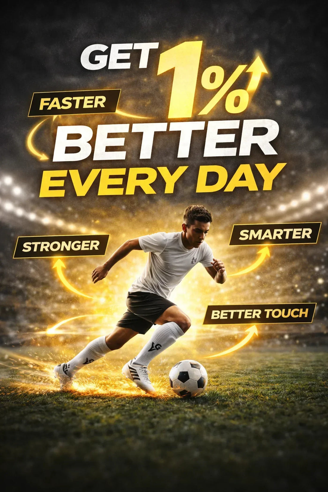 Get 1 percent better every day soccer motivation graphic with player wearing Zero Give grip socks