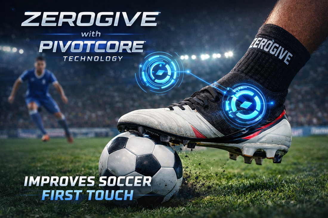 ZeroGive grip socks with PivotCore technology enhancing soccer first touch, showing a player controlling the ball with improved stability and precision inside the cleat