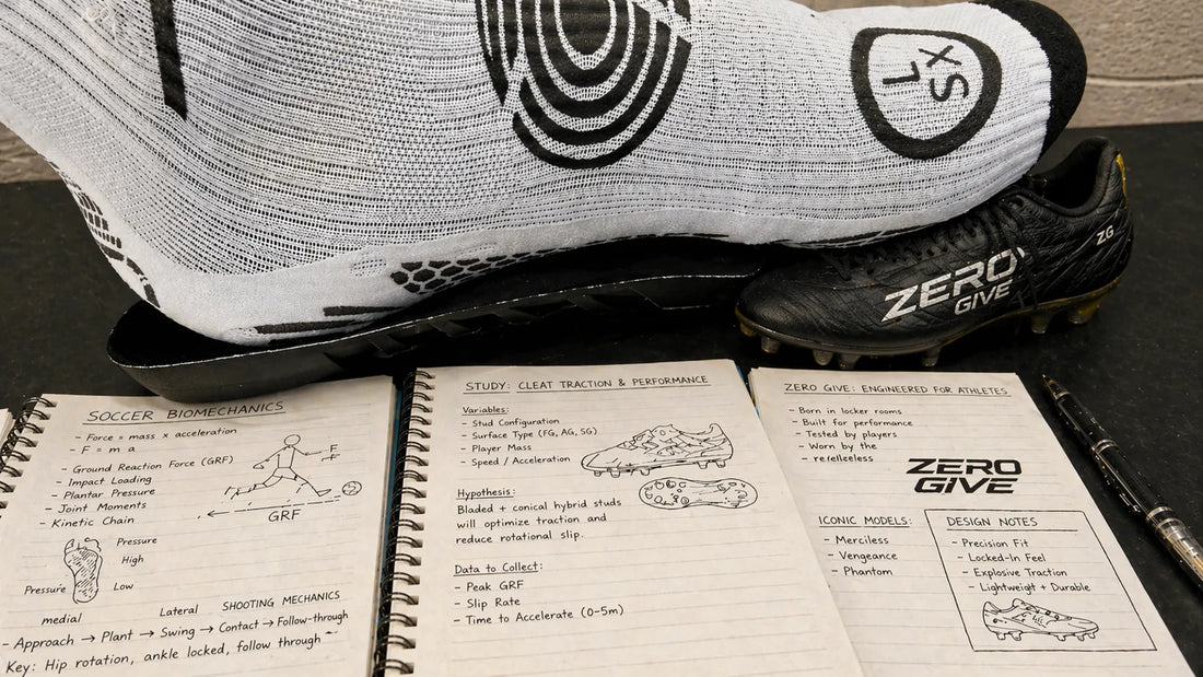 Zero Give grip socks testing foot stability and traction with soccer cleat in biomechanics study setup