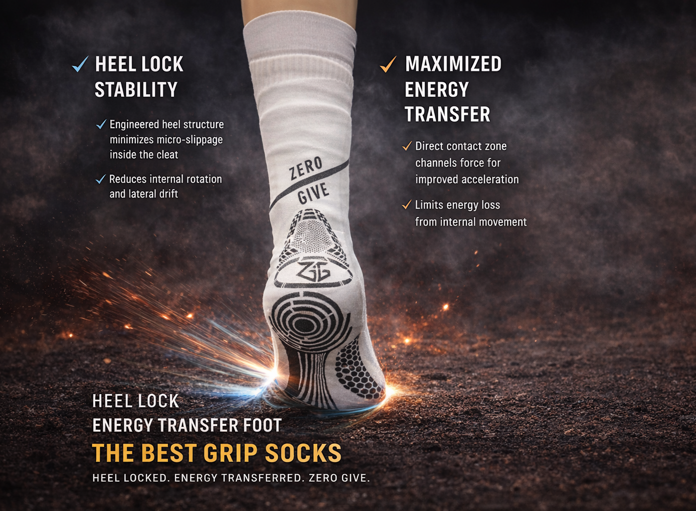 Grip sock with text highlighting features on a dark background