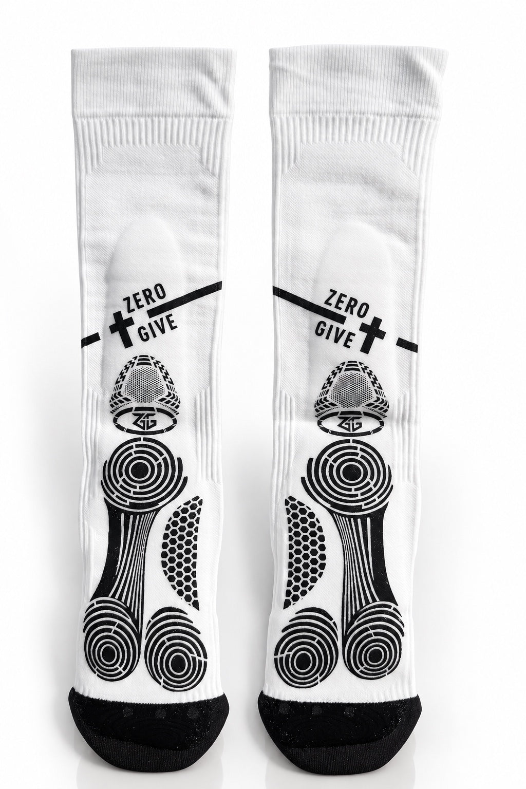 Pair of white Zero Give soccer grip socks, rear view with heel grip zones