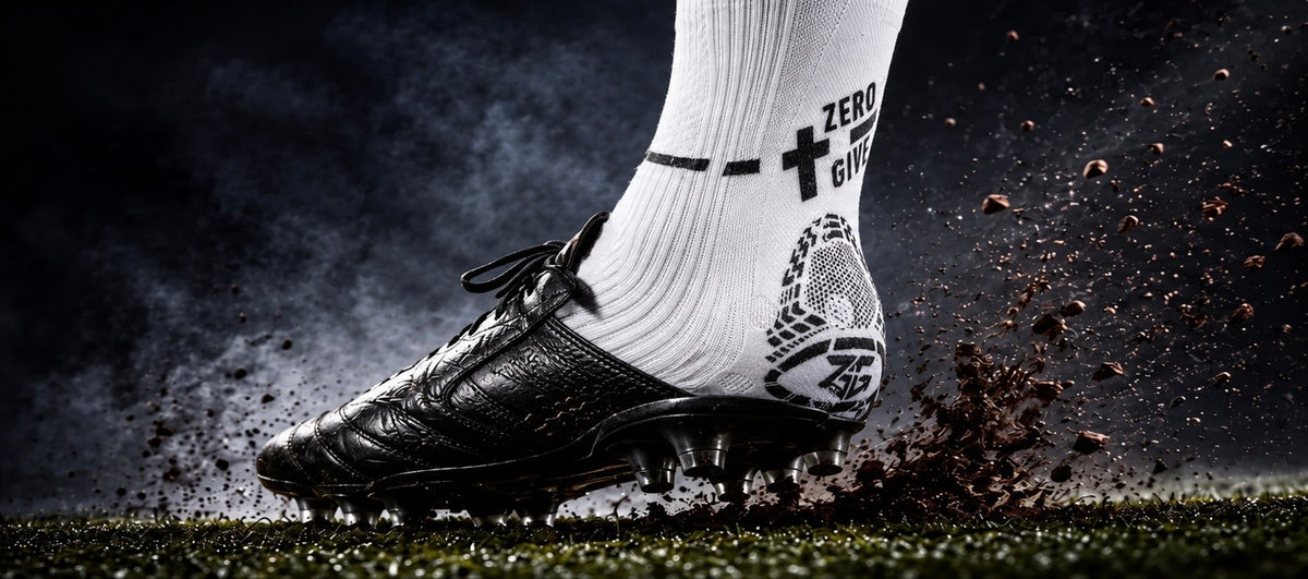 Zero Give soccer grip socks worn with soccer cleats