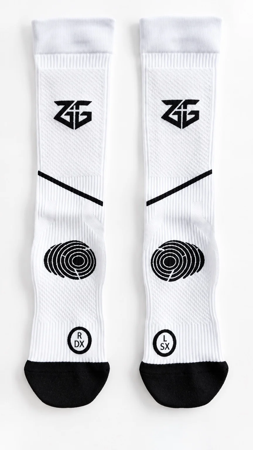 Pair of white ZERO GIVE® soccer grip socks, front view