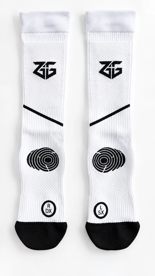 Pair of white ZERO GIVE® soccer grip socks, front view