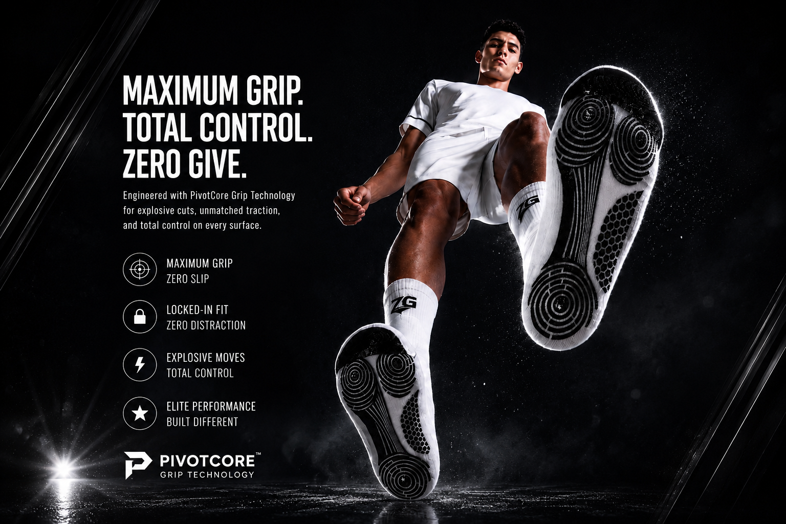ZERO GIVE PivotCore soccer grip sock with graduated compression, anatomical fit and performance grip technology